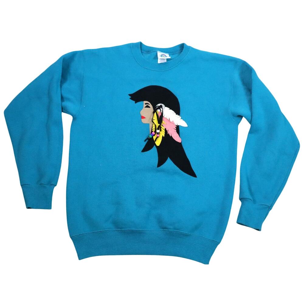 Vintage 80s Blue Sweater Native American Woman Applique 3D Textured Beads Medium